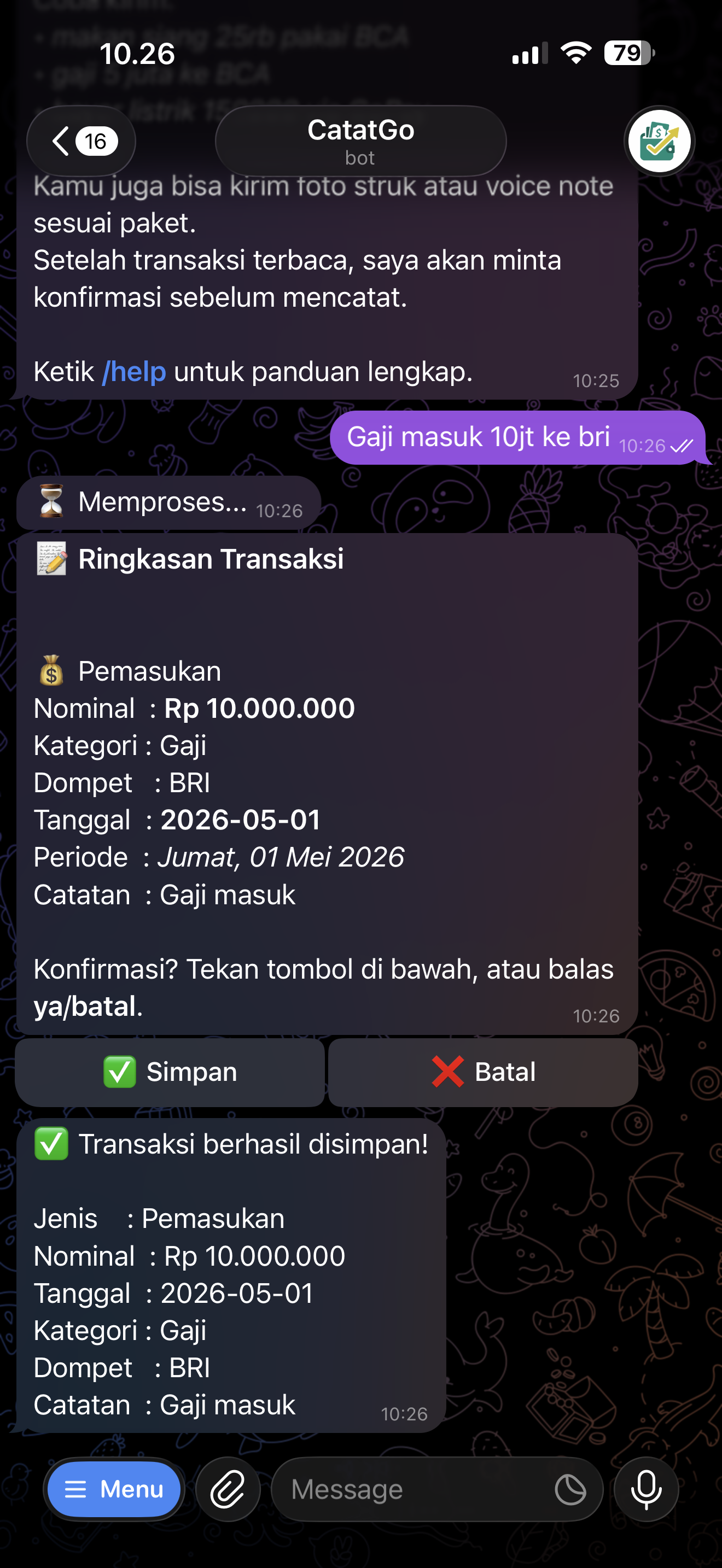 Contoh transaksi gaji lewat CatatGo di Telegram
