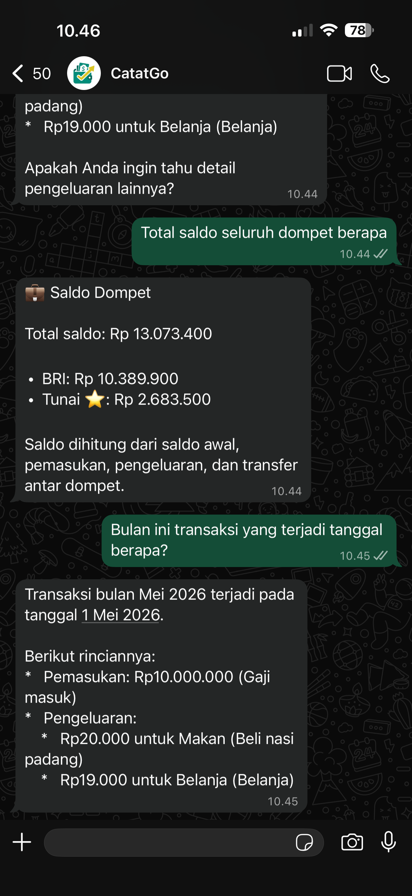 Contoh tanya saldo dan laporan keuangan lewat CatatGo