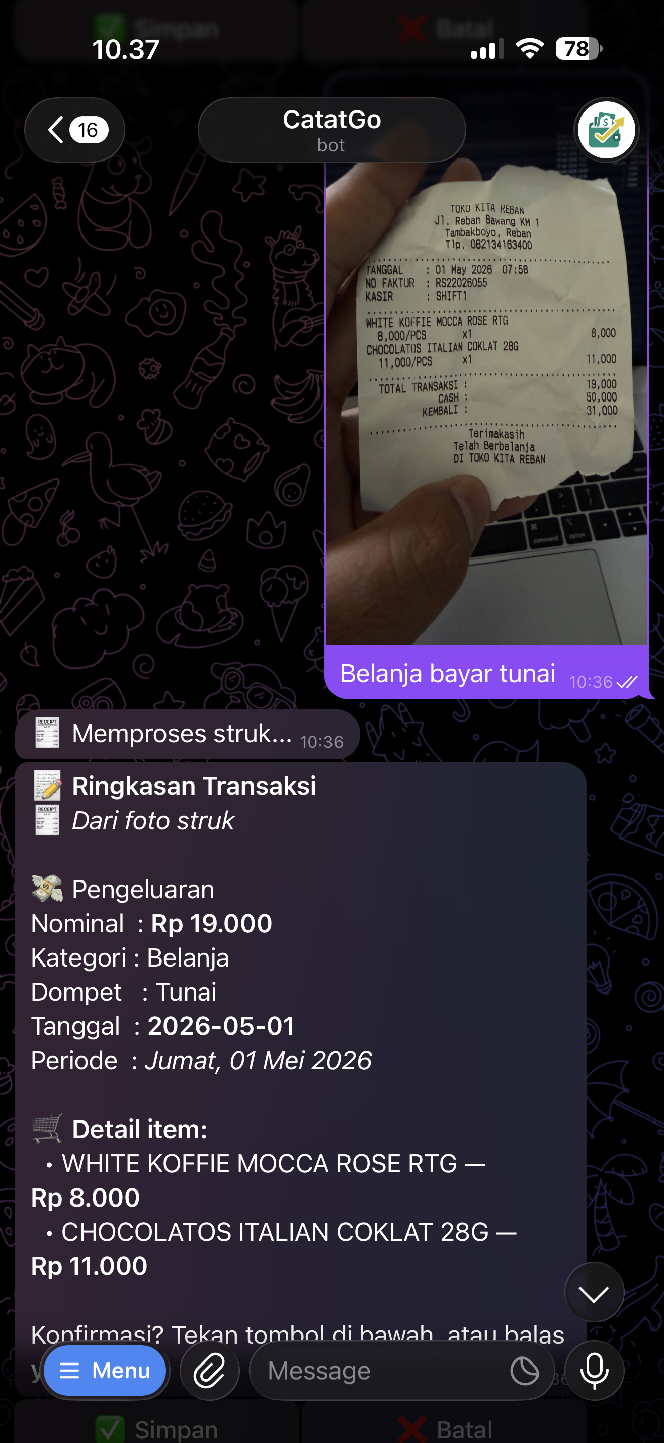 Contoh scan struk belanja lewat CatatGo