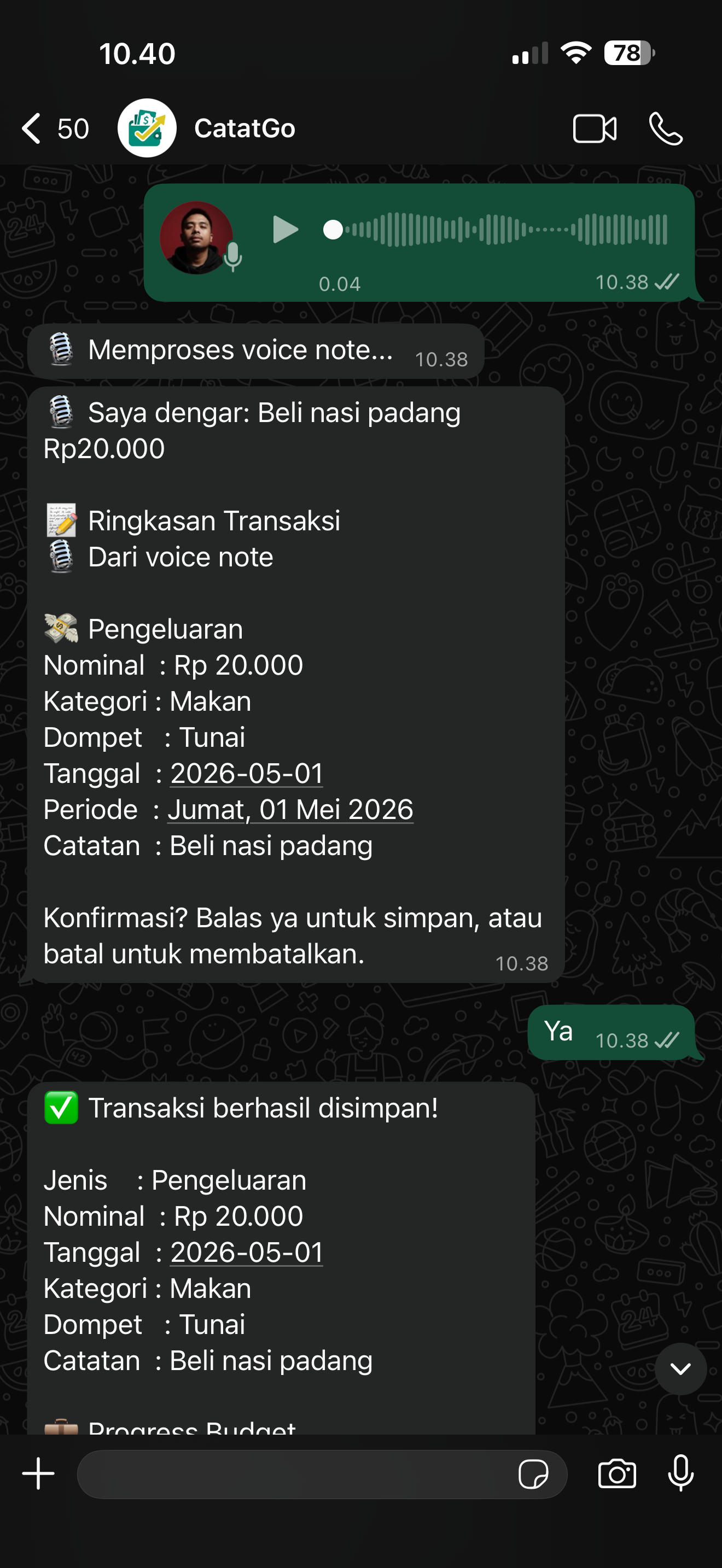 Contoh catat transaksi dengan voice note di CatatGo