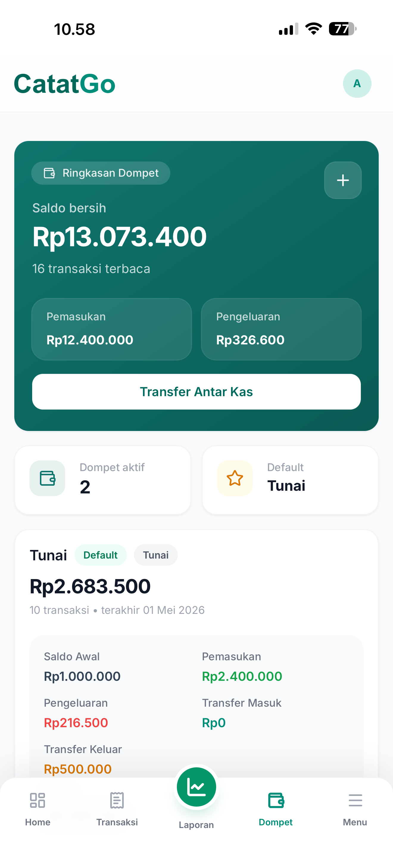 Tampilan ringkasan dompet CatatGo di HP