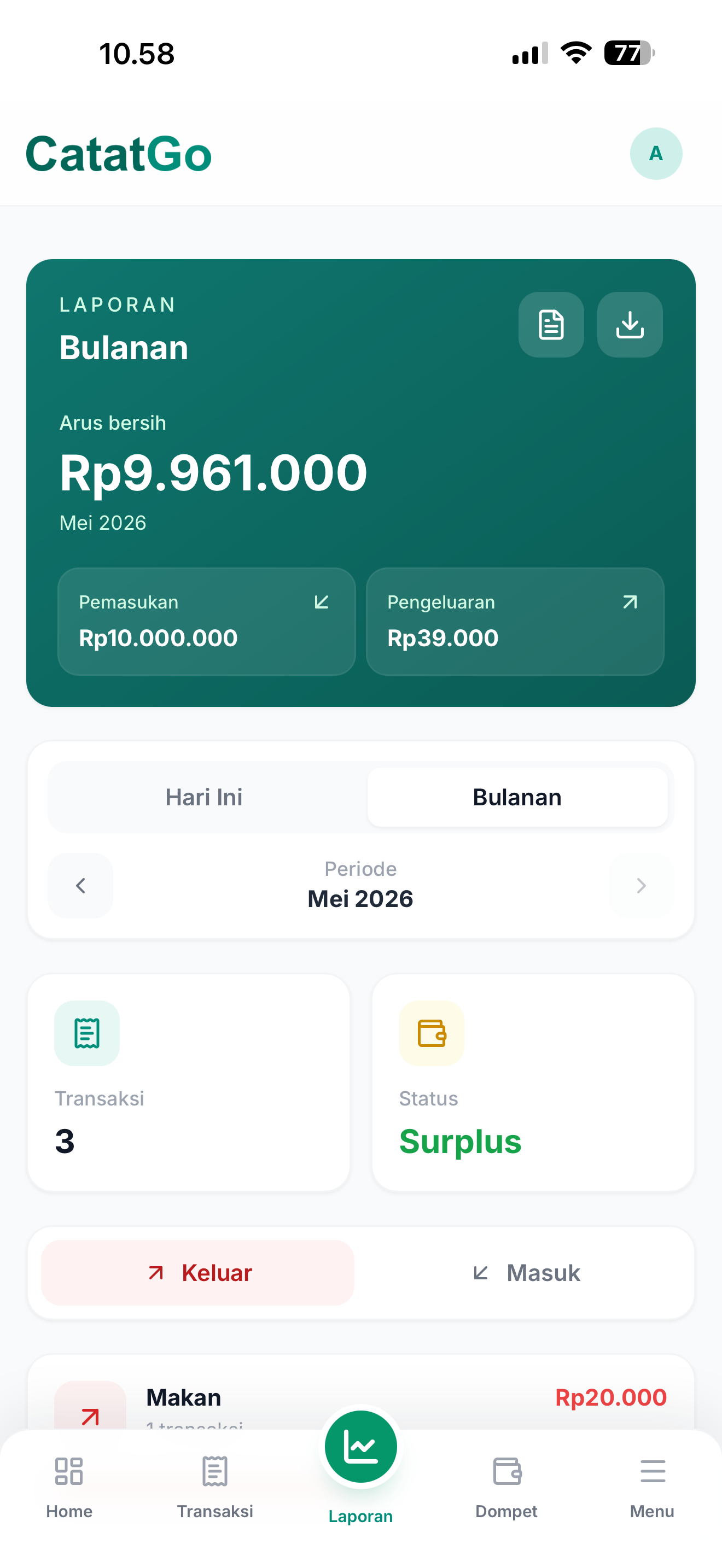 Tampilan laporan bulanan CatatGo di HP