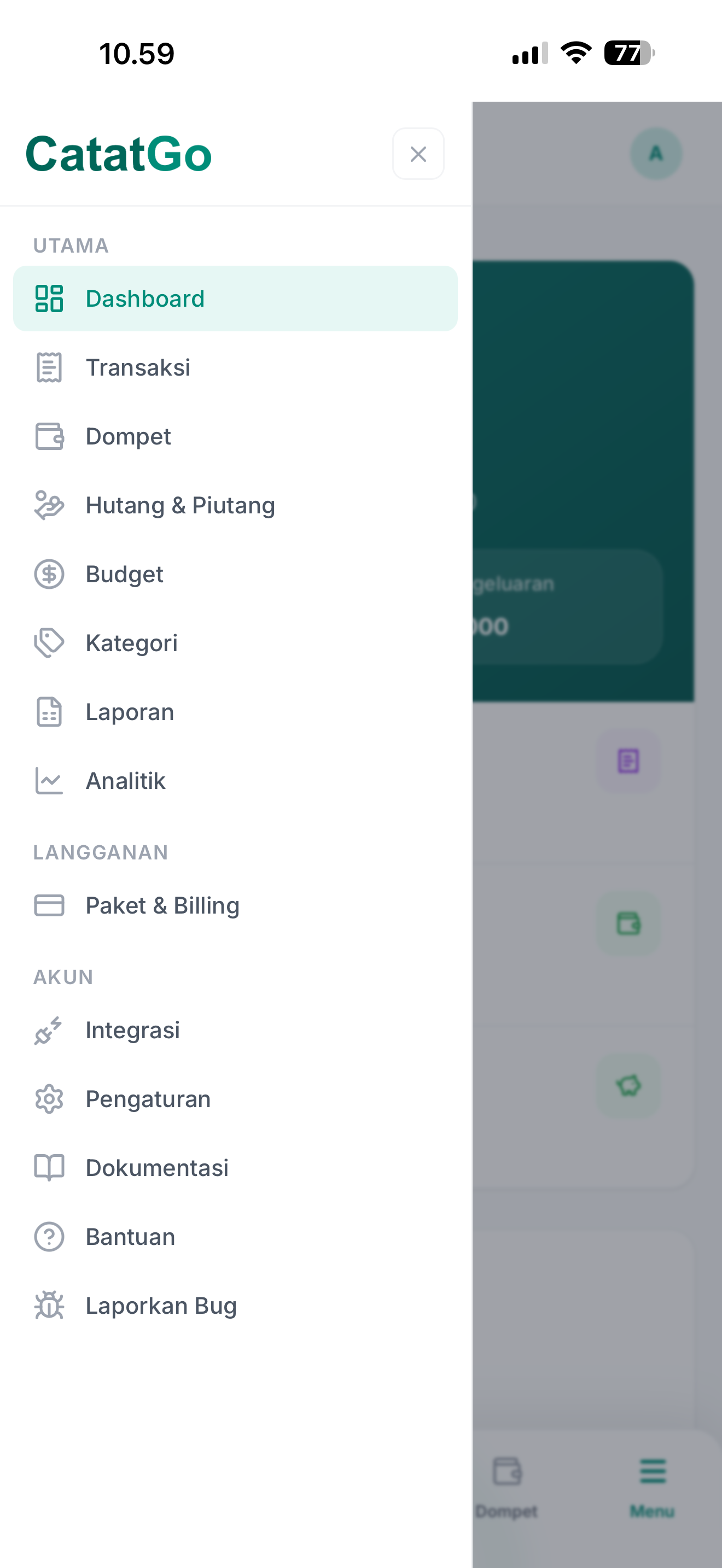 Tampilan menu dashboard CatatGo di HP