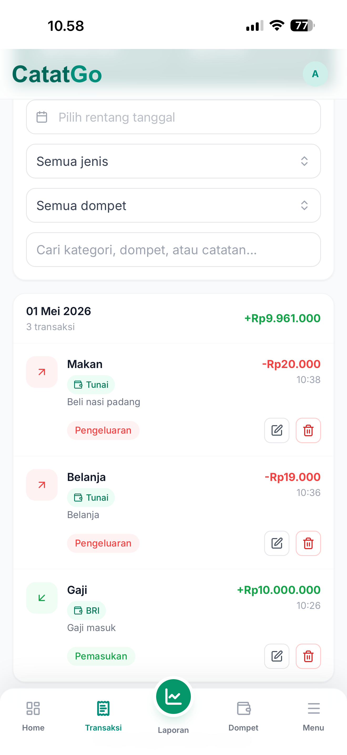 Tampilan daftar transaksi CatatGo di HP